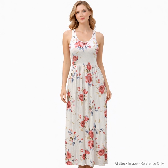 Grecerelle Floral Racerback Maxi Dress Small Ivory Pink Stretchy - Picture 11 of 16